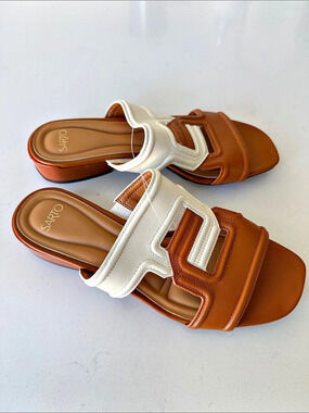 NIB SARTO Leather Brown & White Sandals Sizes 6,6.5, 7, 7.5, 9, 9.5 & 10